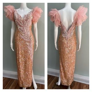 VTG SHO MAX ORIGINALS Dress S 0 Sequin Ruffle Puff Sleeve Gown Prom Slit